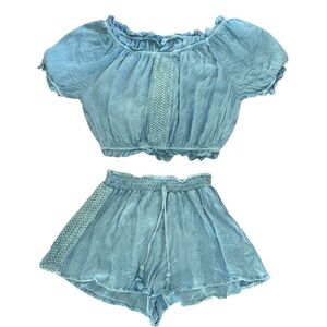 NWT Salty Lemon 2 Piece Set Crochet Shorts & Cropped Top in Light Blue Denim - M